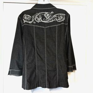 SUSAN GRAVER Shirt Gaucho Pants Black Silver Sequin 3/4 Sleeve Capri Length Sz L